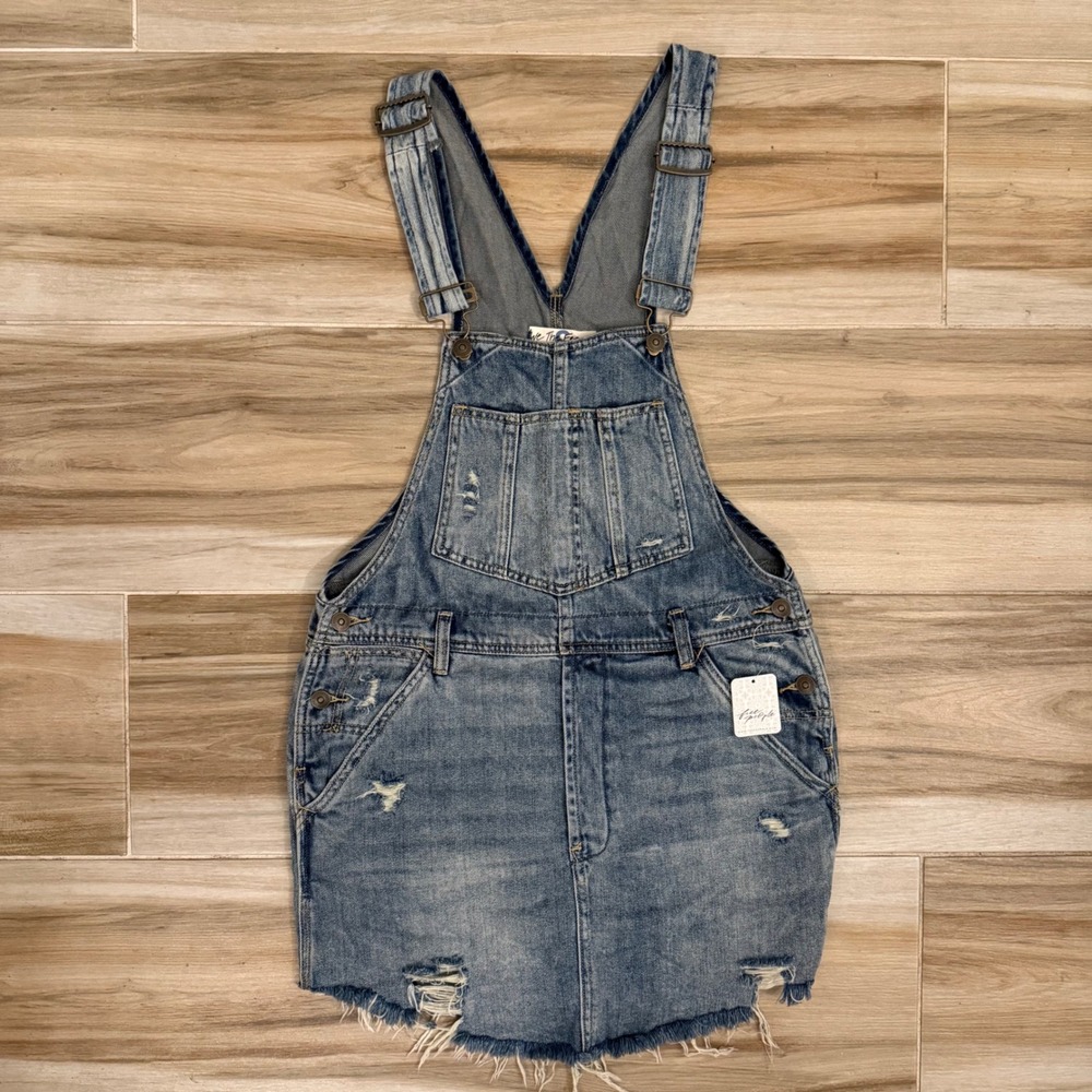 Free People We The Free Denim Overall Mini Skirt Grunge Blue Distressed Small